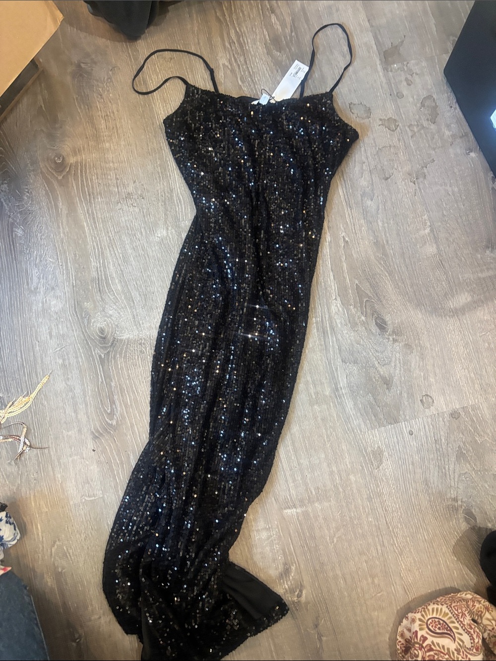 NWT bb Dakota Steve Madden Black Sequin Spaghetti Strap Evening Gown